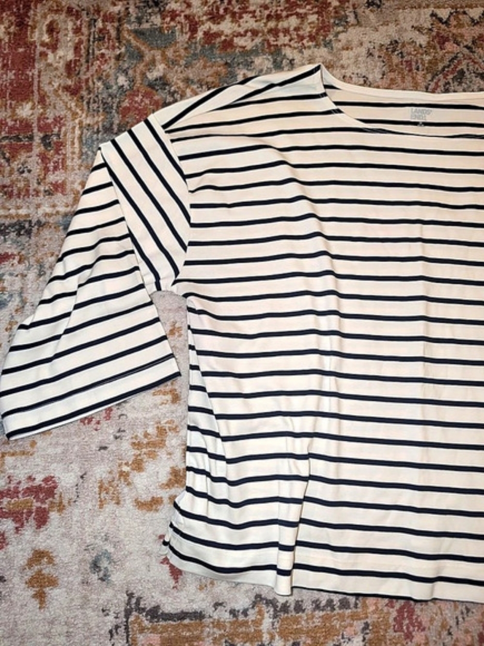 Lands End Women's 3X Striped 3/4 Sleeve Top White & Blue Coastal Casual Cotton